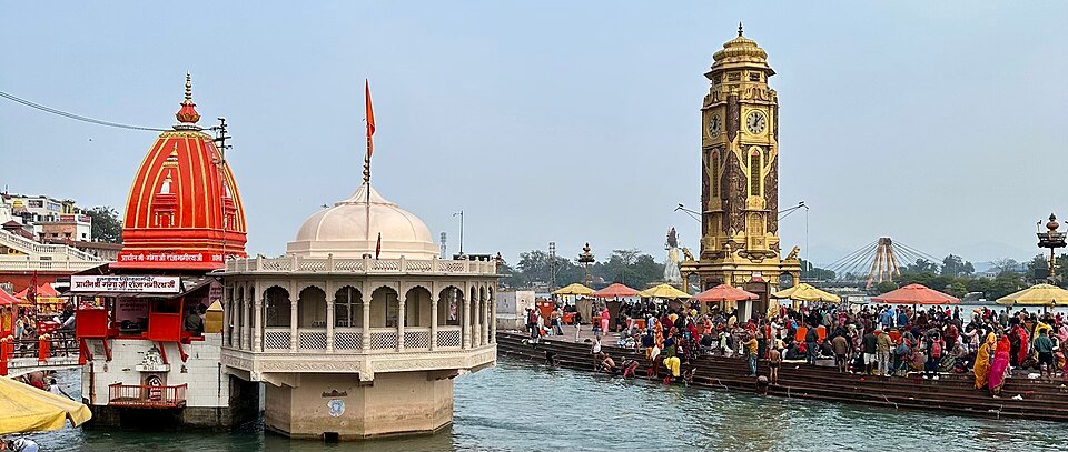Har Ki Pauri and its clock tower beside the Ganges in Haridwar
