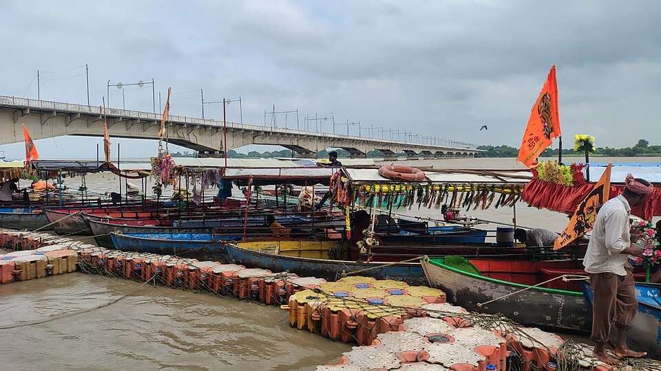 Boats at Naya Ghat on the Saryu River in Ayodhya
